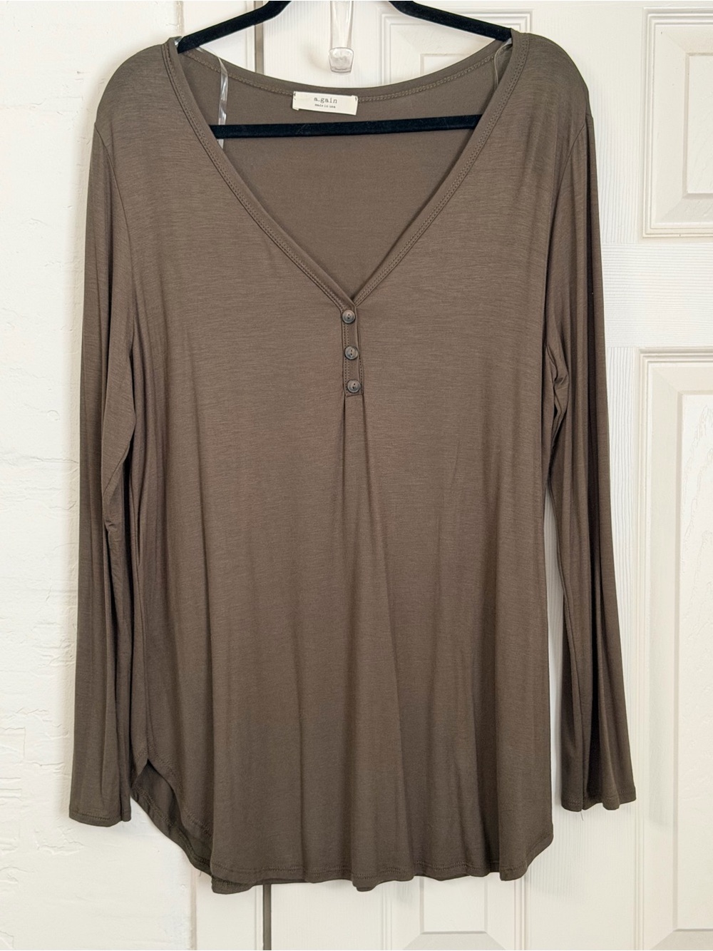 a. gain V-Neck Button Down Long Sleeve Top in Olive Green - 3X